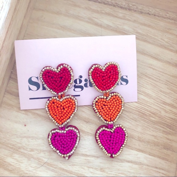 Jewelry - New! Beaded Heart Earrings Red Orange Pink